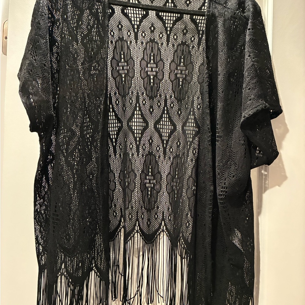 Maurices Black Lace Kimono with Fringe 0/1  1x plus size